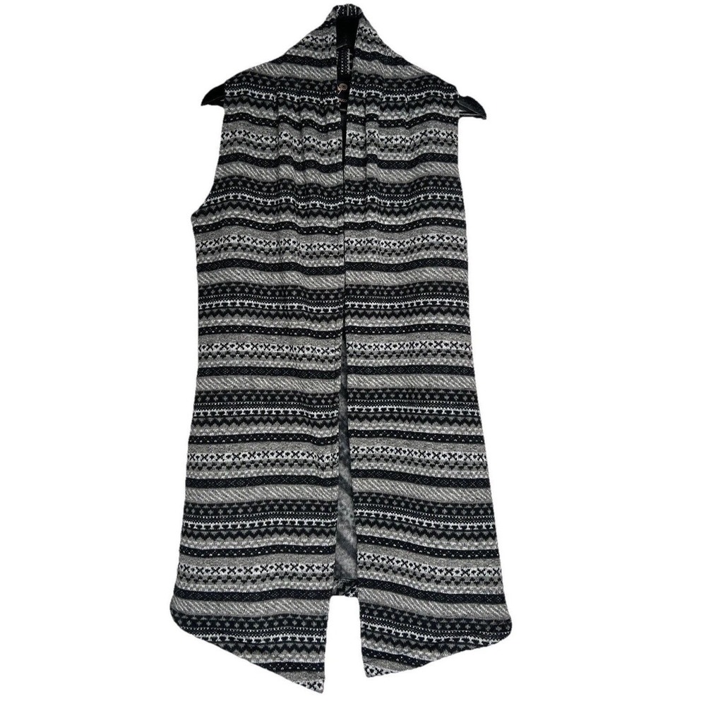 Wooly Bully Wear Womens Black Gray Fair Isle Fleece Lined Longline Vest‎ Small